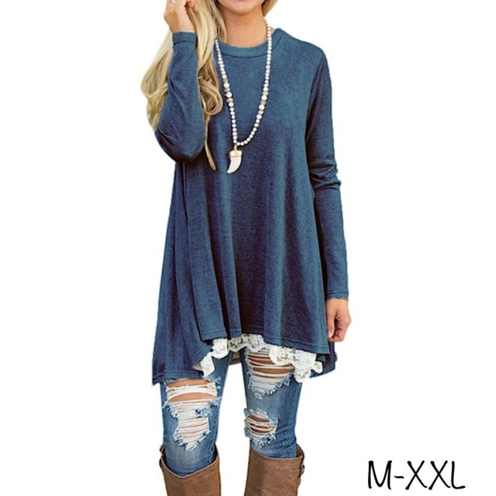 Blue Long Sleeve Lace Hem Tunic M-XXL